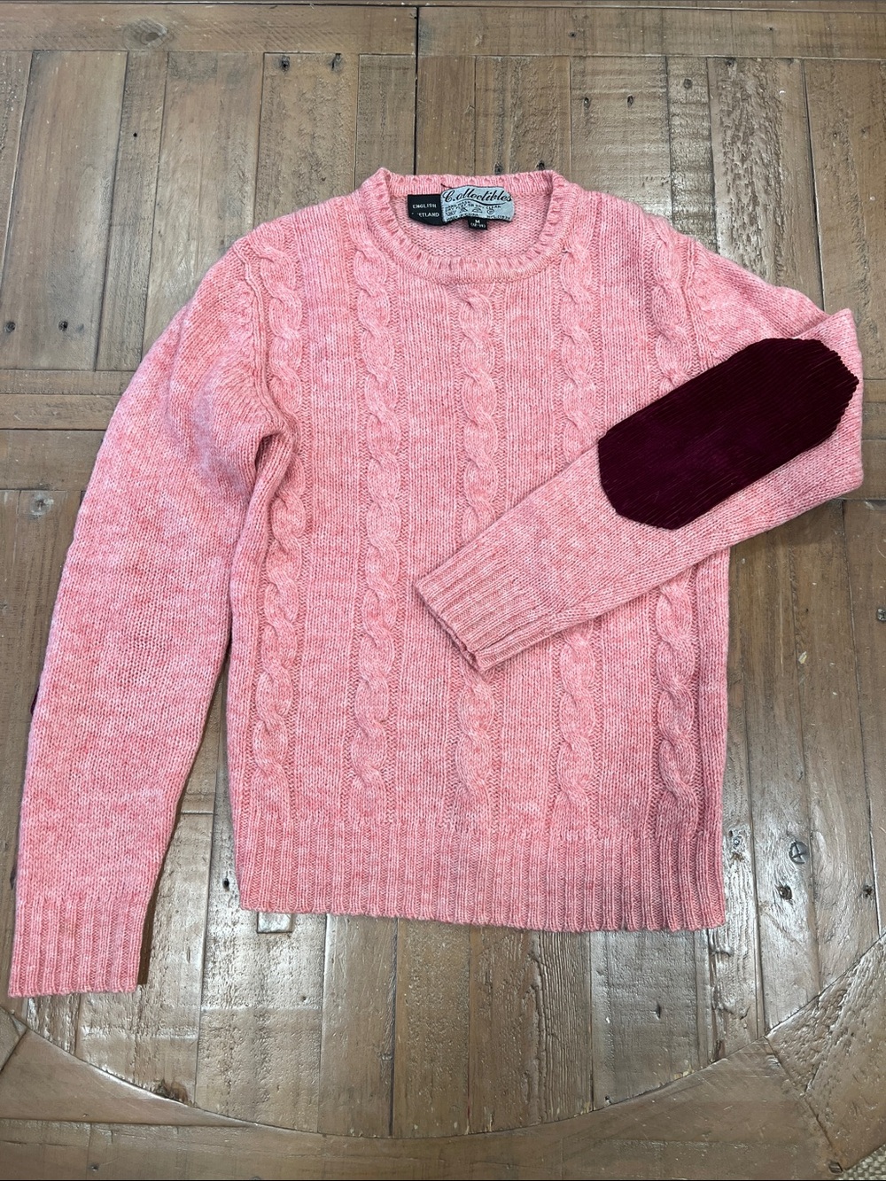 Shetland wool Pink Cable Knit Crewneck Sweater with Burgundy Elbow Patches 12-14